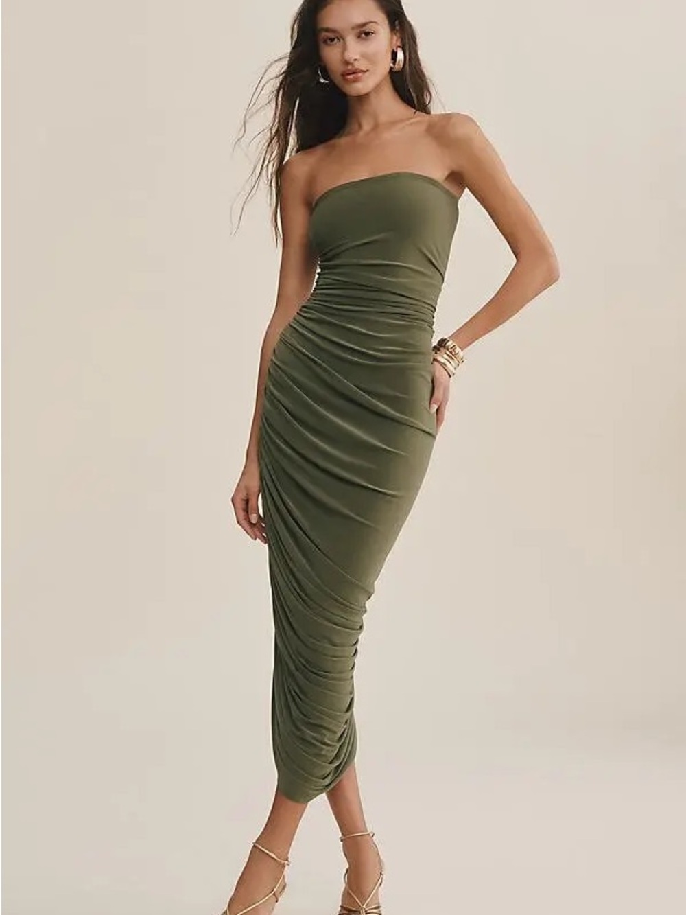 Norma Kamali x Anthropologie Weddings Diana Strapless Ruched Midi Dress